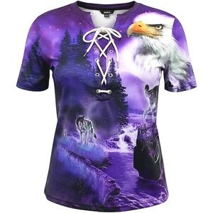 Ouku Women XL Purple Wolf Eagle Galaxy Graphic Lace Up V-Neck T-Shirt New